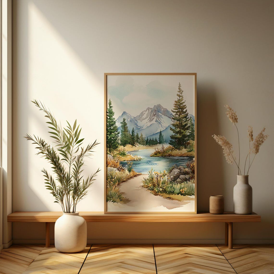 Watercolor Mountain Lake Pine Forest Path Landscape Wall Art - Image 3