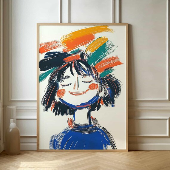 Unique Brushstroke Poster Happy Girl Colorful Abstract Portrait For Contemporary Spaces