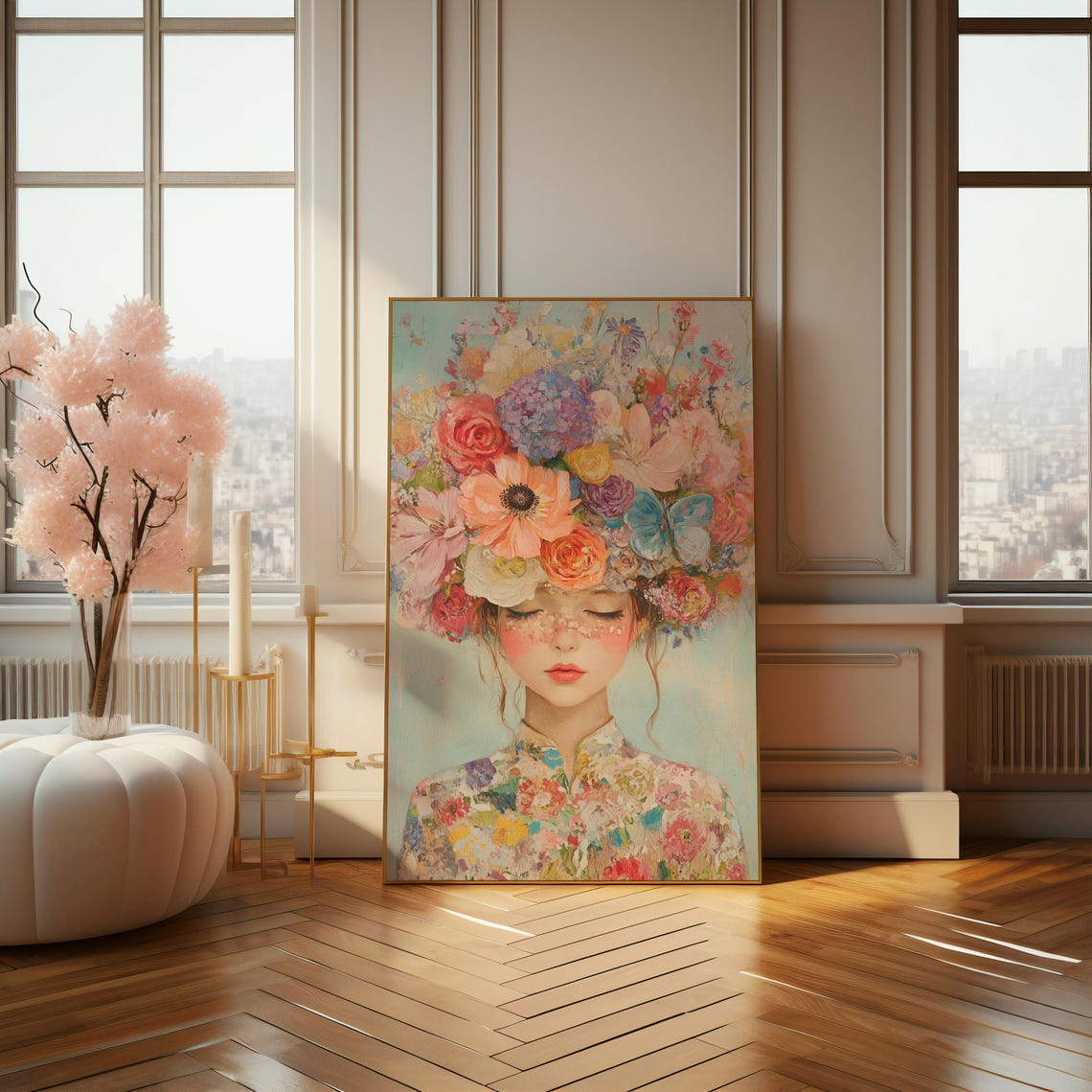 Woman with Floral Headdress Pastel Romantic Portrait Wall Poster - Image 4