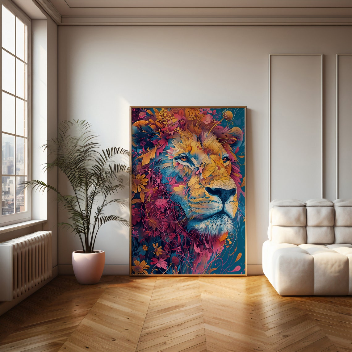 Colorful Lion Portrait With Floral Mane on a Teal Canvas Poster - Image 4
