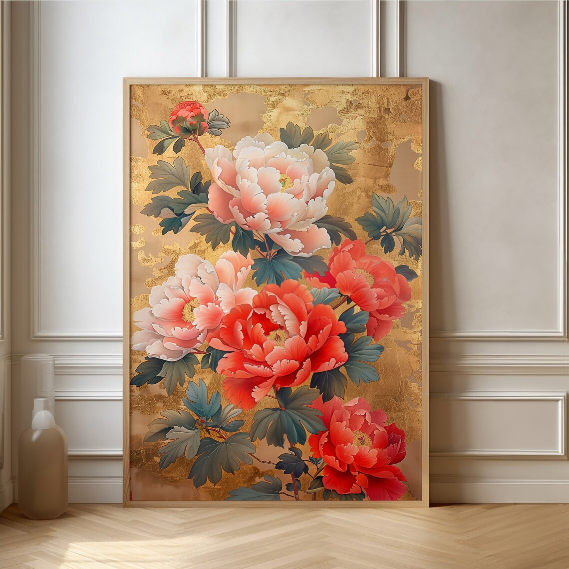 Red and Pink Peonies on a Gold Leaf Background Floral Art Poster