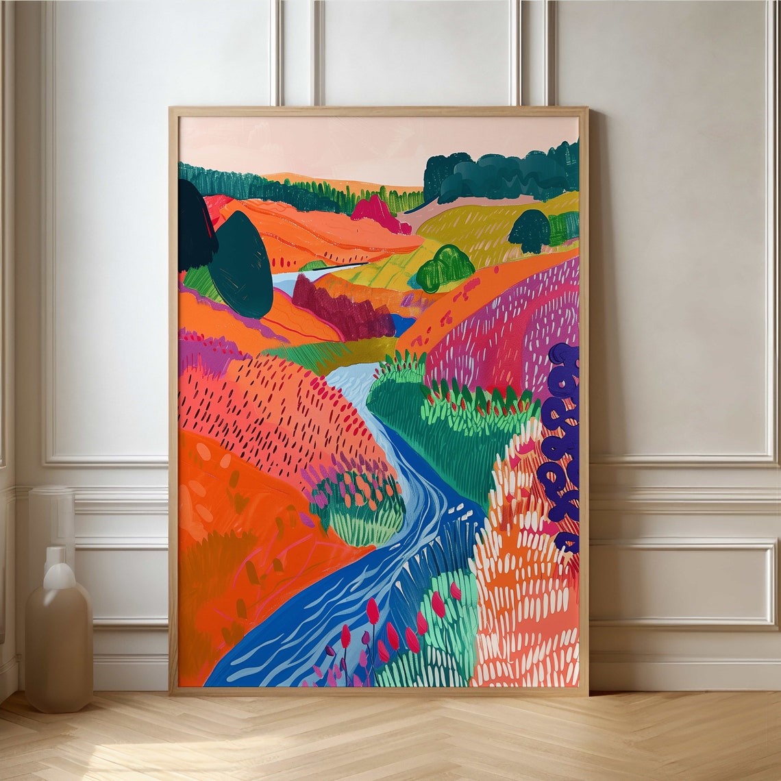 Colorful Winding River Valley Countryside Abstract Art Poster