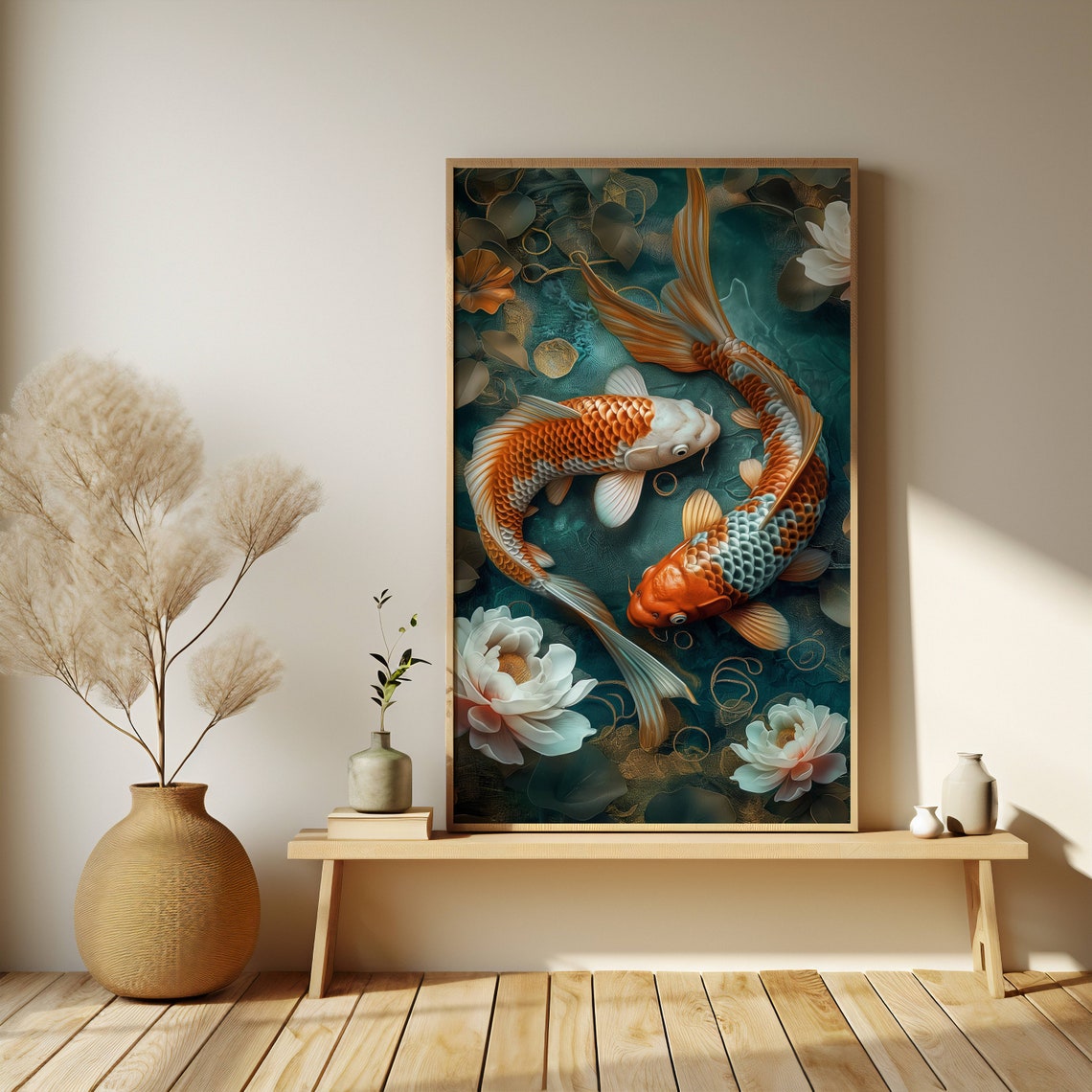 Koi Fish In A Pond With Flowers Symmetrical Harmony Realistic Style Poster - Image 2