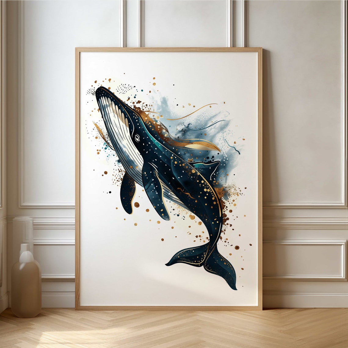 Humpback Whale Watercolor Art with Gold Splatter Detail Poster