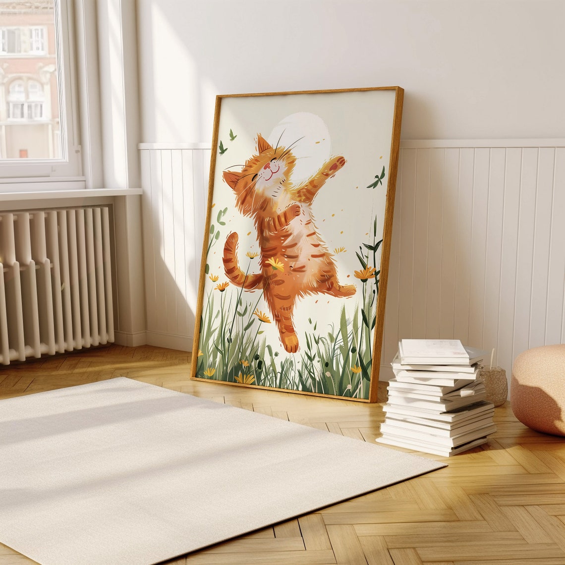 Joyful Ginger Cat Dancing in a Sunny Flower Meadow Art Poster - Image 5