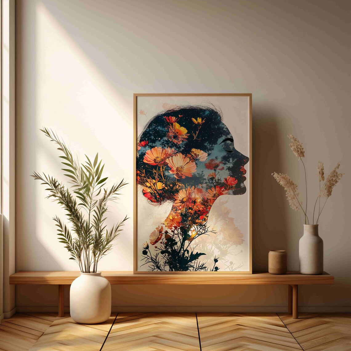 Double Exposure Flower Filled Woman Profile Night Sky Poster - Image 3
