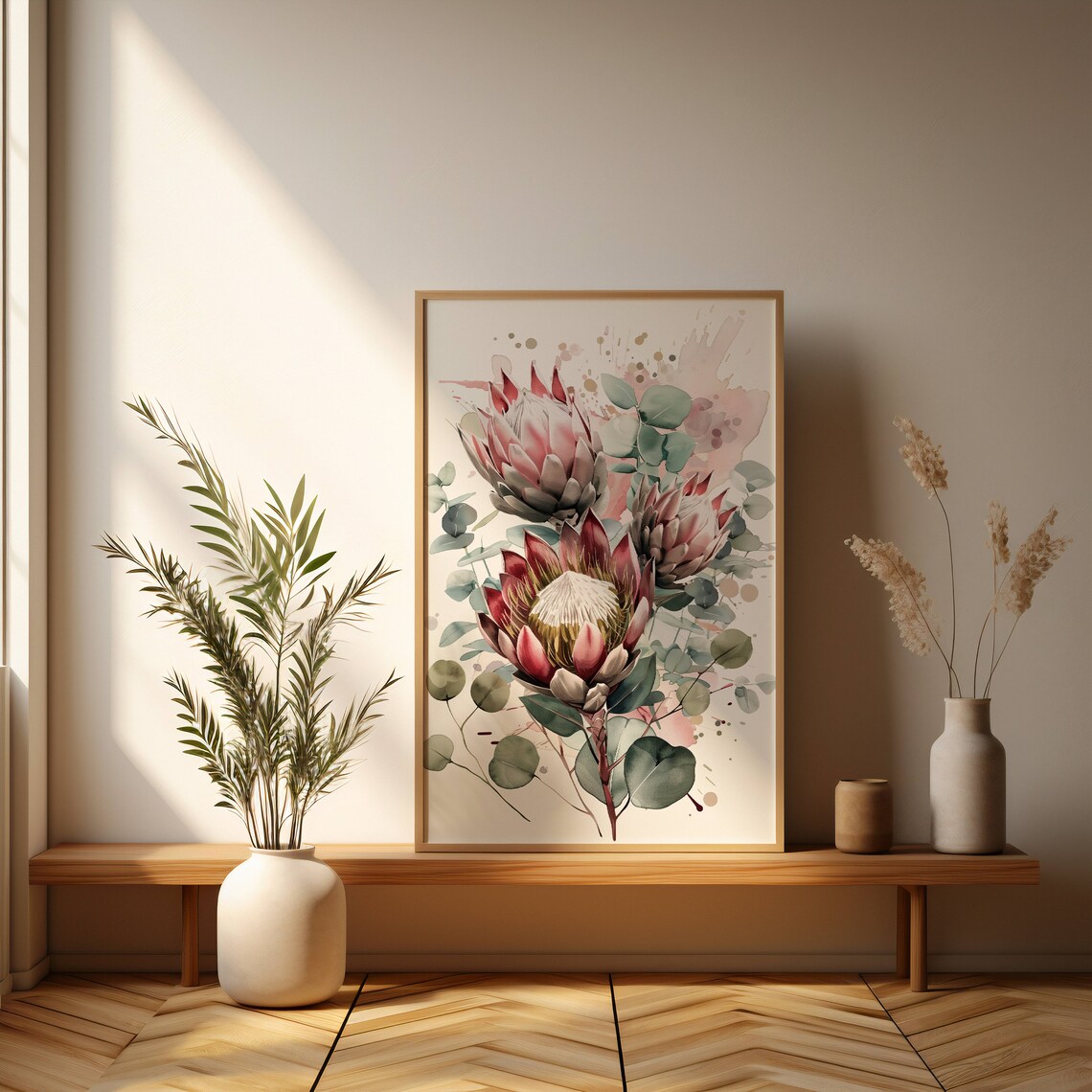 Pink King Protea Watercolor with Eucalyptus Botanical Art Poster - Image 3