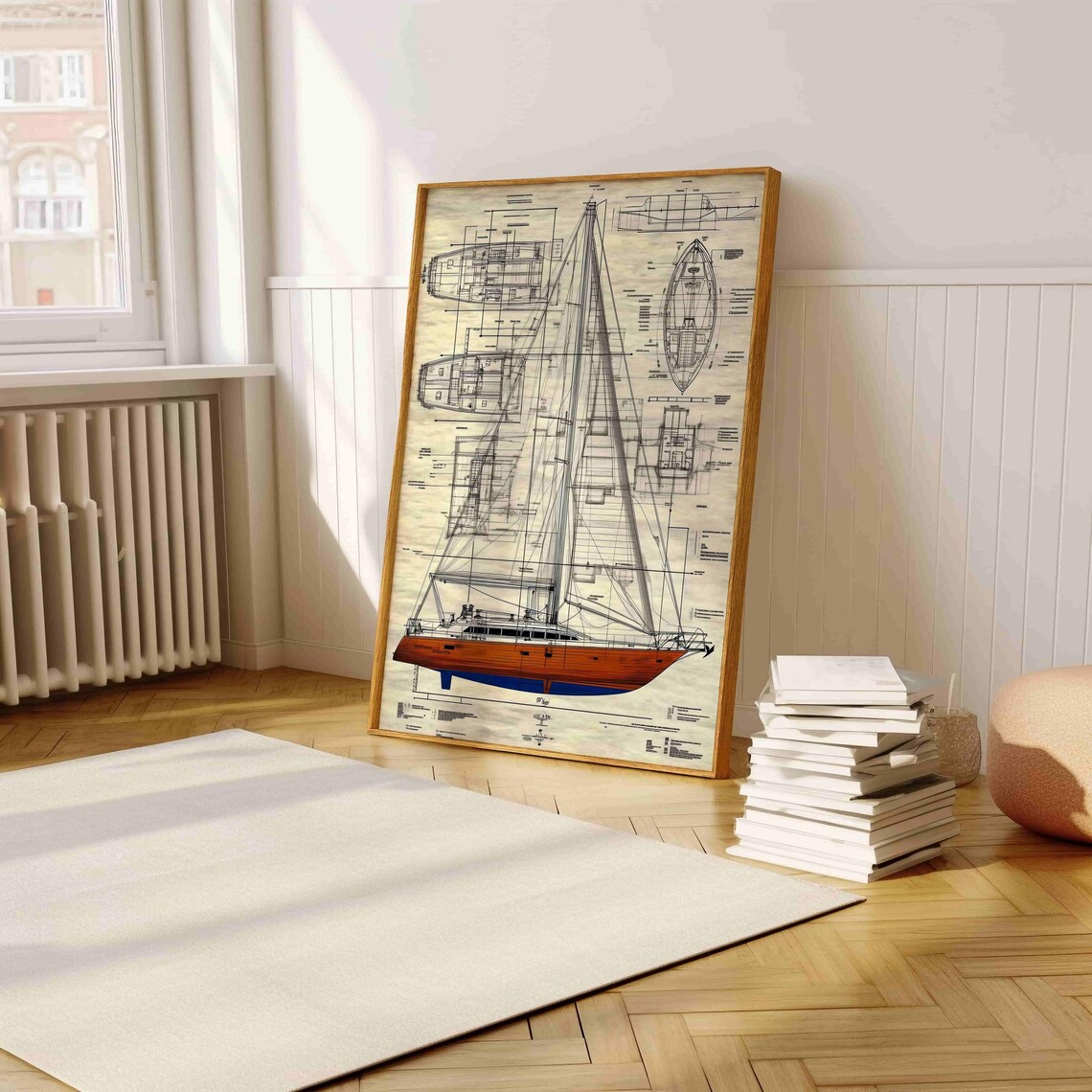 Vintage Sailing Yacht Blueprint, Nautical Wall Art Print - Image 5