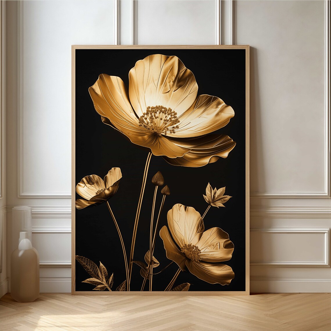 Modern Gold Flower Art Poster, Metallic Floral Decor