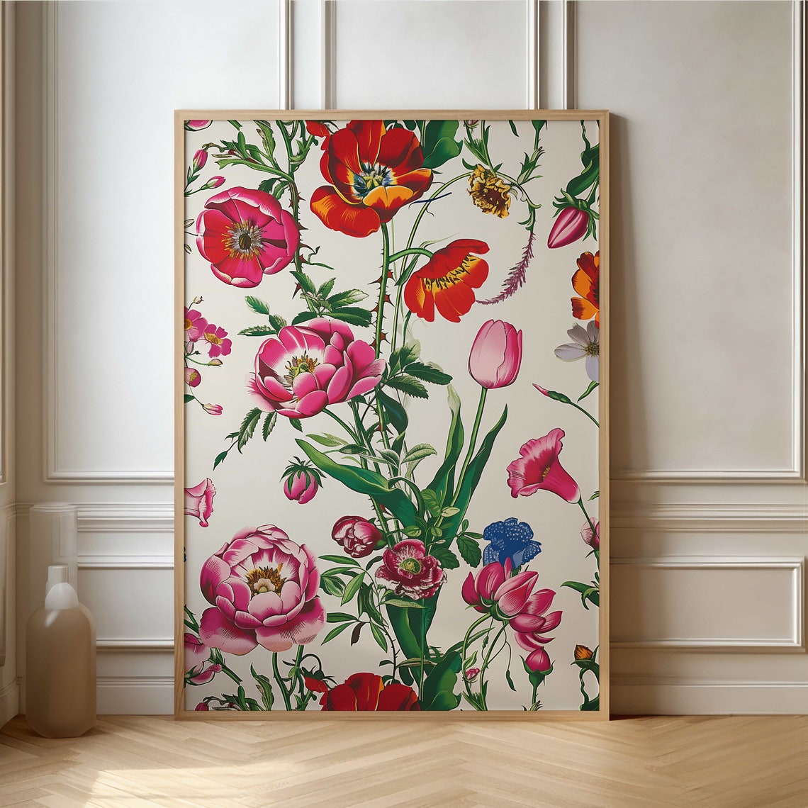 Vibrant Poppies Peonies and Tulips Floral Botanical Art Poster