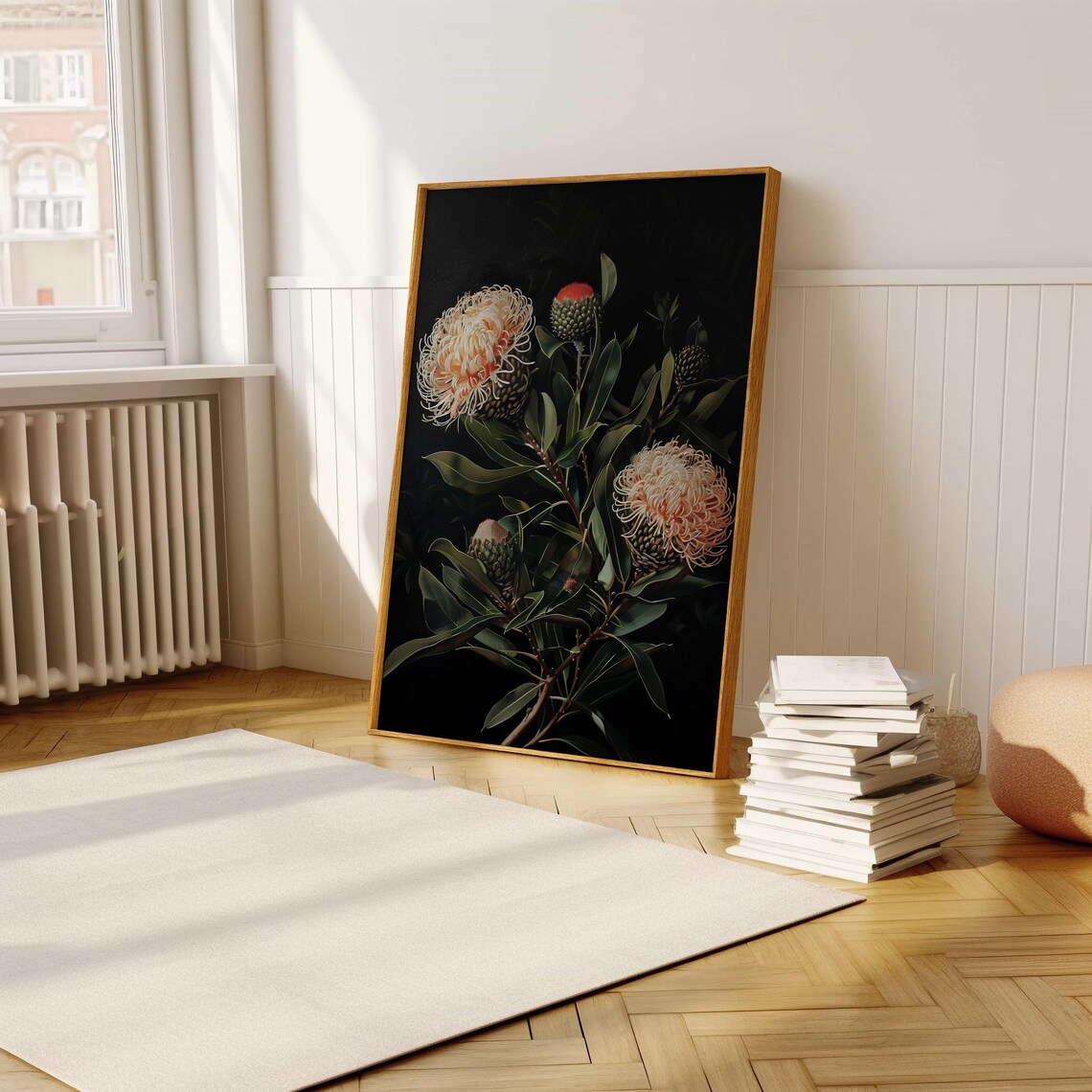 Cream Pincushion Protea Black Still Life Oil Painting Poster - Image 5