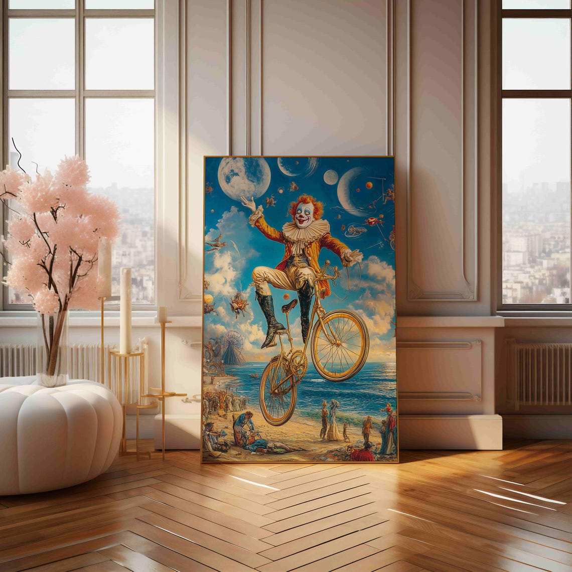 Surreal Clown Riding Bicycle Over Beach Moonscape Art Poster - Image 4