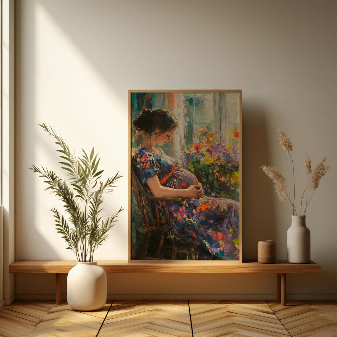 Embracing Motherhood Colorful Impressionist Poster Of A Pregnant Woman In Nature Perfect For Family And Nursery Decor - Image 3