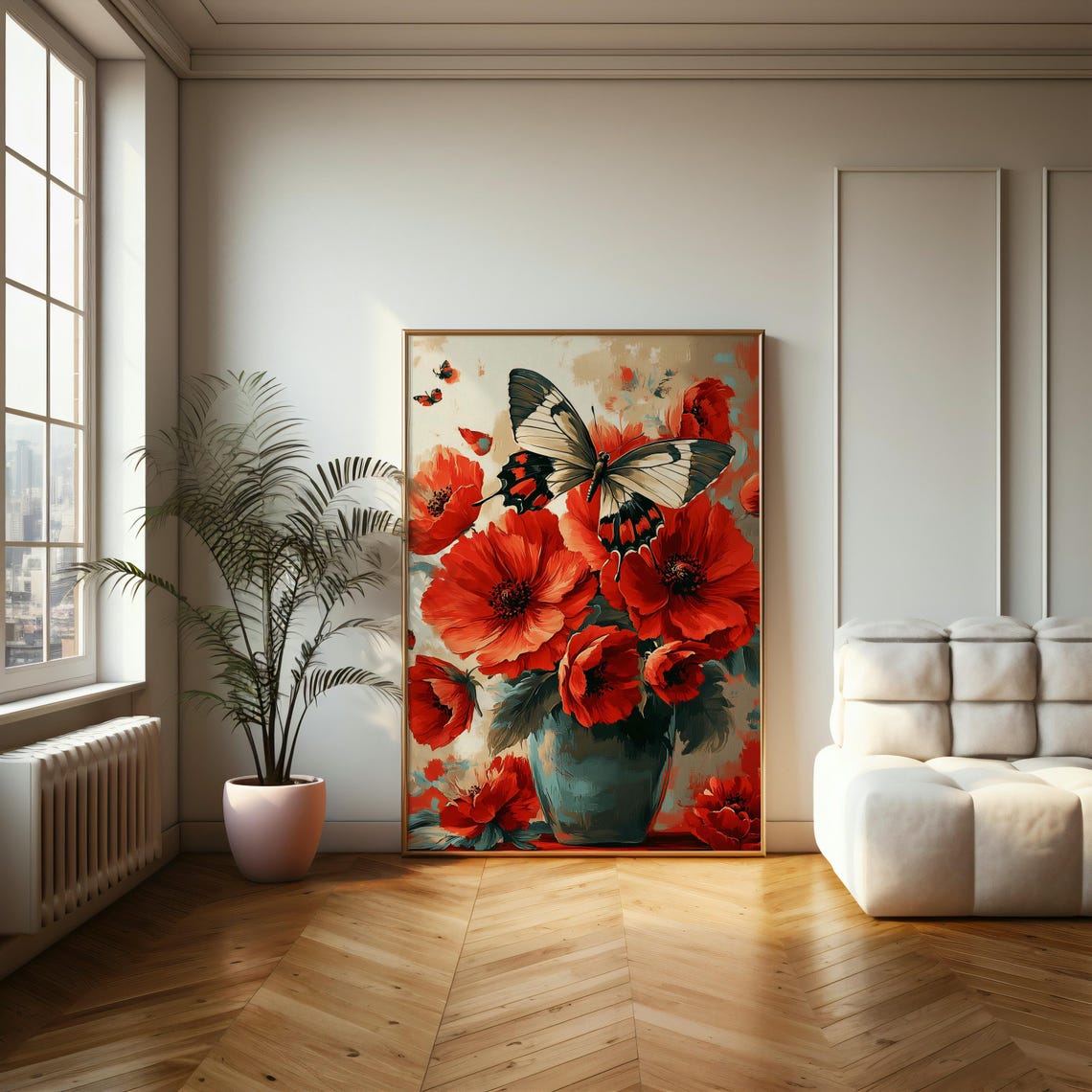 Butterfly Resting On Red Poppies In Blue Vase Floral Art Poster - Image 2