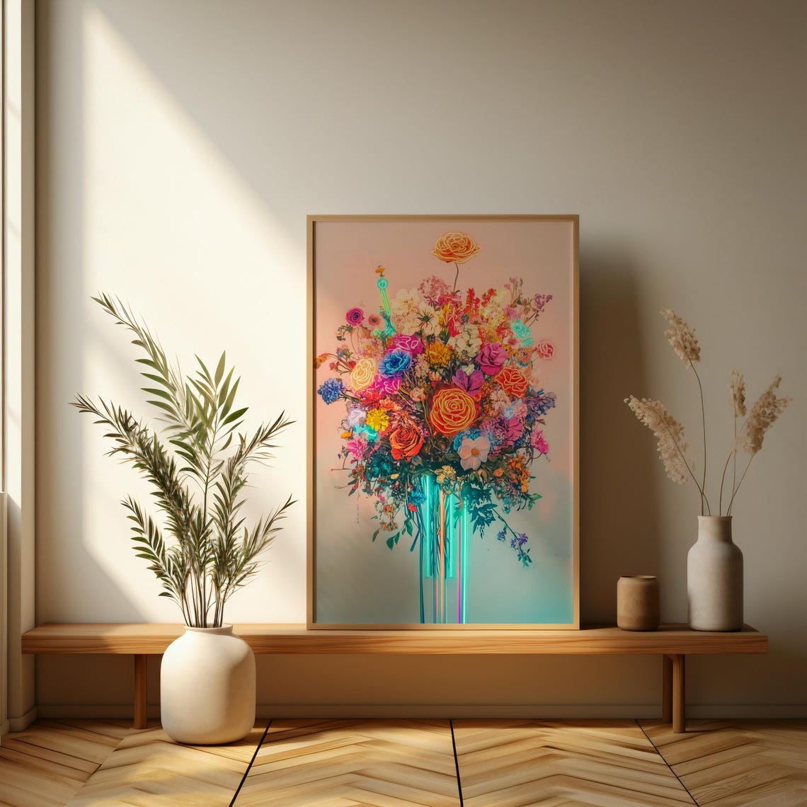 Neon Glowing Flower Bouquet on Pastel Background Modern Art Poster - Image 3