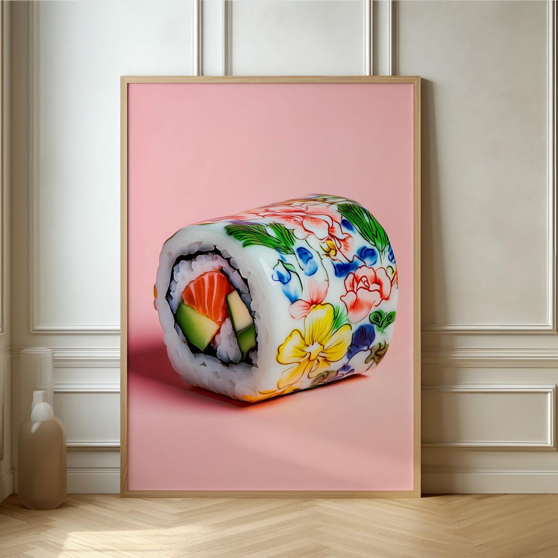 Floral Decorated Sushi Roll on Pink Background Quirky Art Poster