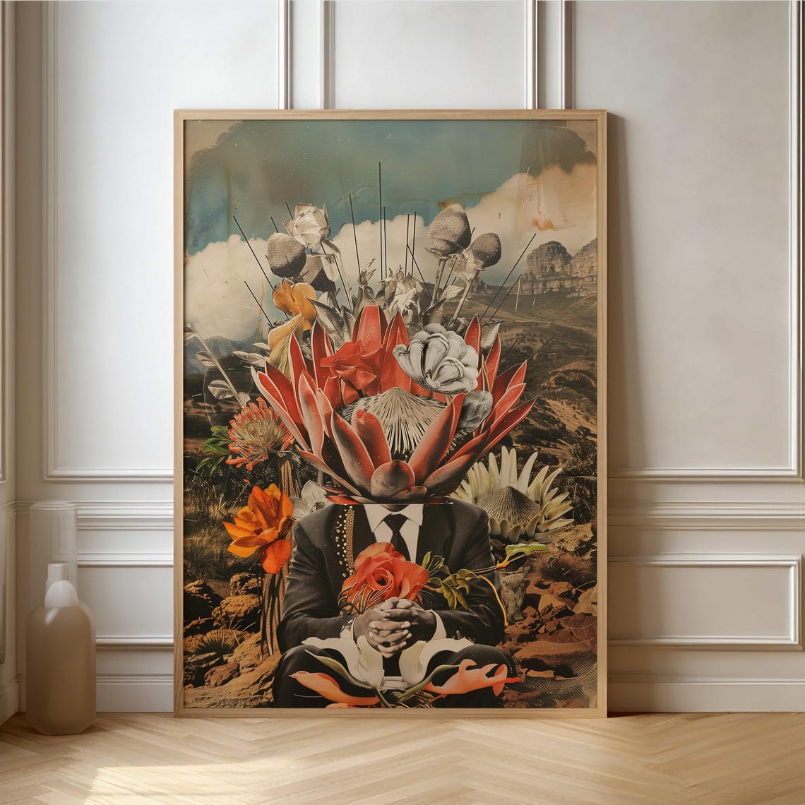 Surrealist Protea Head Collage Man In Dark Suit Dream Art Poster