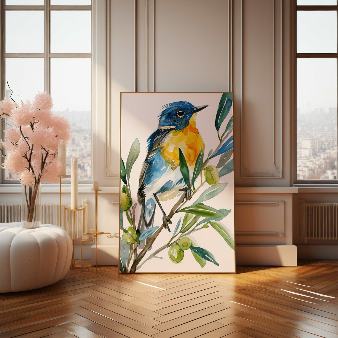 Blue and Yellow Songbird Perched on an Olive Branch Art Poster - Image 4