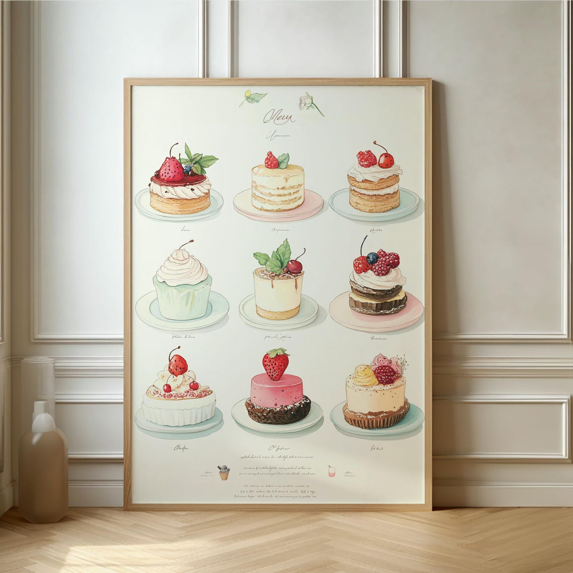 Delightful Desserts Poster Charming Illustrative Artwork Of Cakes And Pastries For Kitchen Or Caf Decor