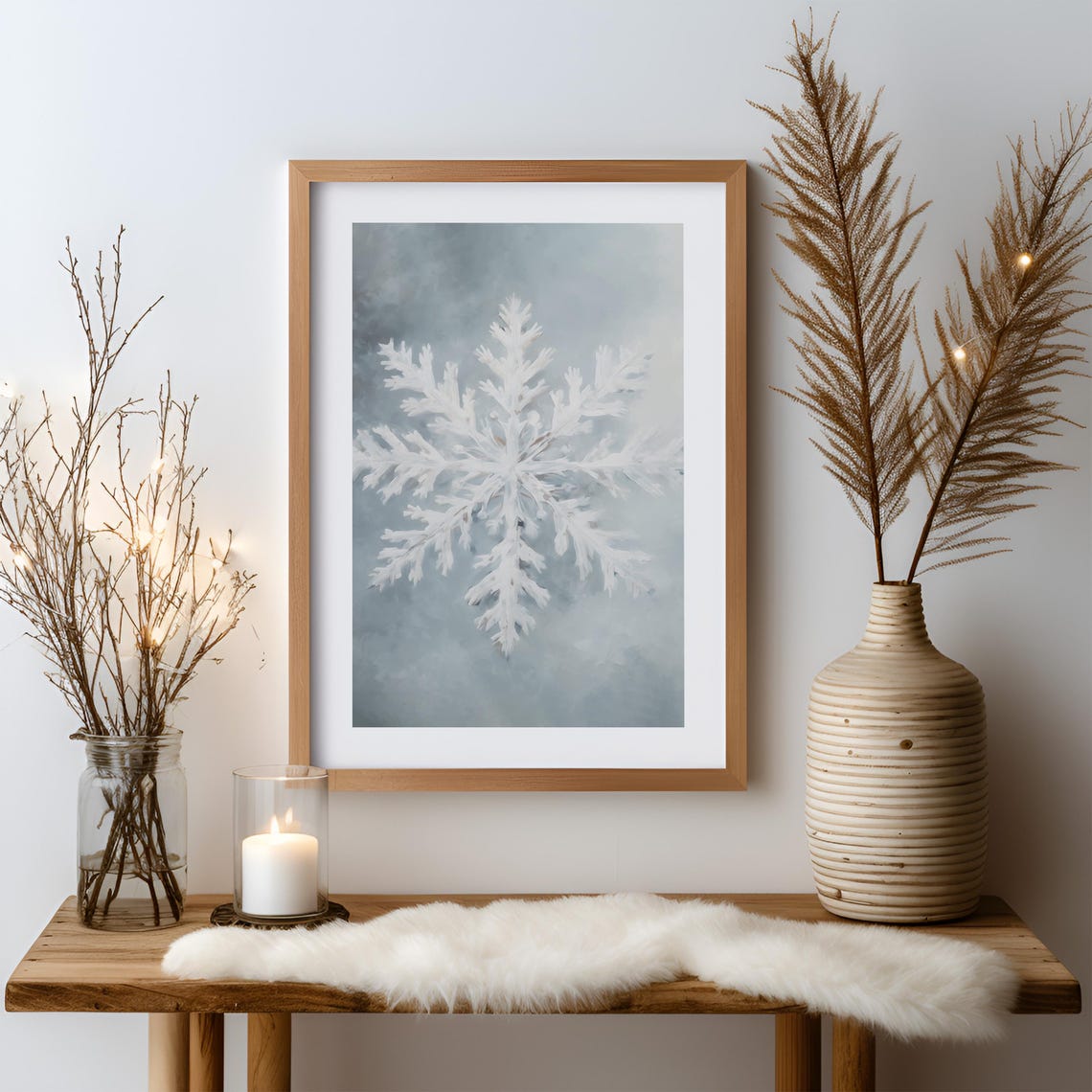 Elegant White Snowflake On Soft Icy Grey Blue Winter Scene Poster
