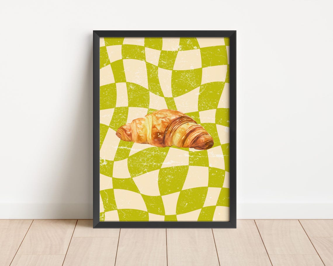 Croissant Watercolor Poster Lime Green Checkerboard Kitchen Wall Decor - Image 3