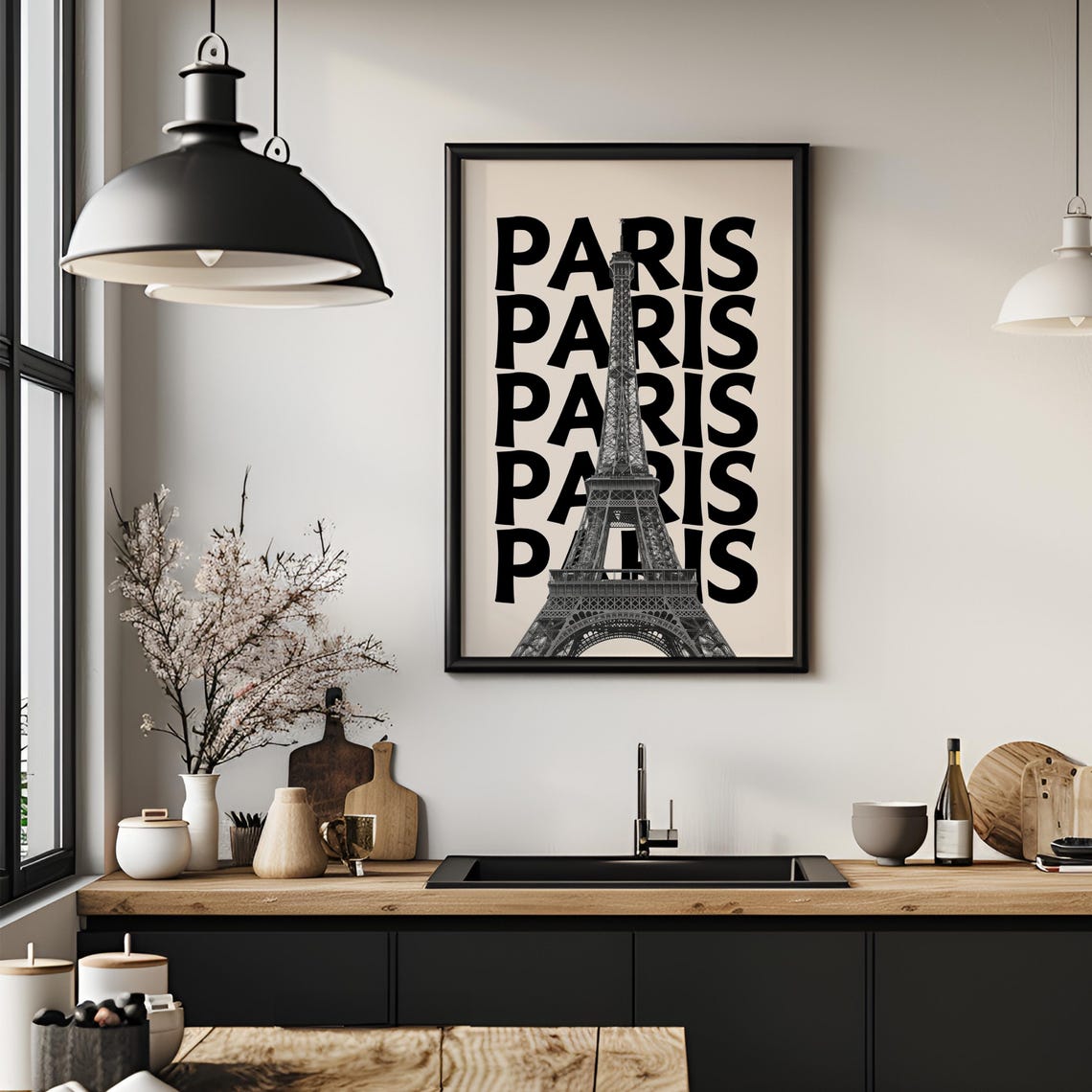 Paris Eiffel Tower Repeated Text Black and Cream Travel Poster - Image 4
