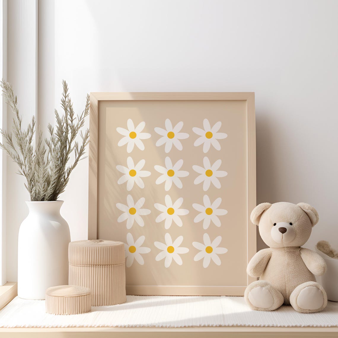 Daisy Grid Nursery Art Beige Floral Minimalist Botanical Poster