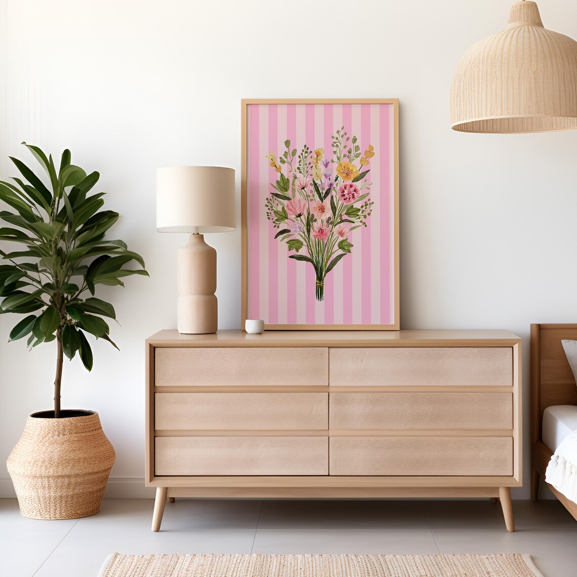 Wildflower Bouquet Watercolor Pink Stripes Nursery Art Poster - Image 4