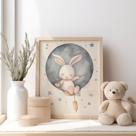 Sleeping Bunny Moon Watercolor Poster Stars Nursery Baby Room Wall Decor
