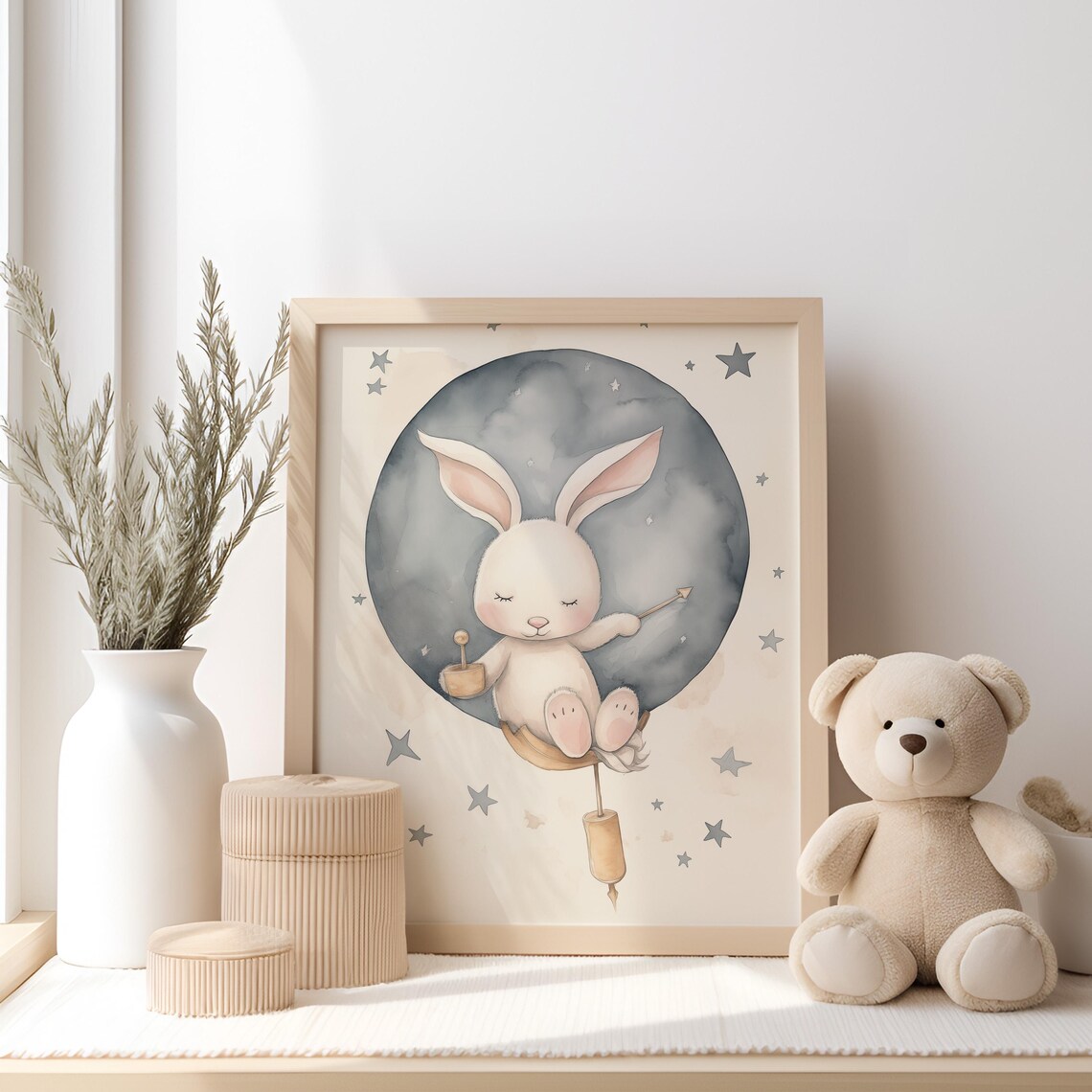 Sleeping Bunny Moon Watercolor Poster Stars Nursery Baby Room Wall Decor