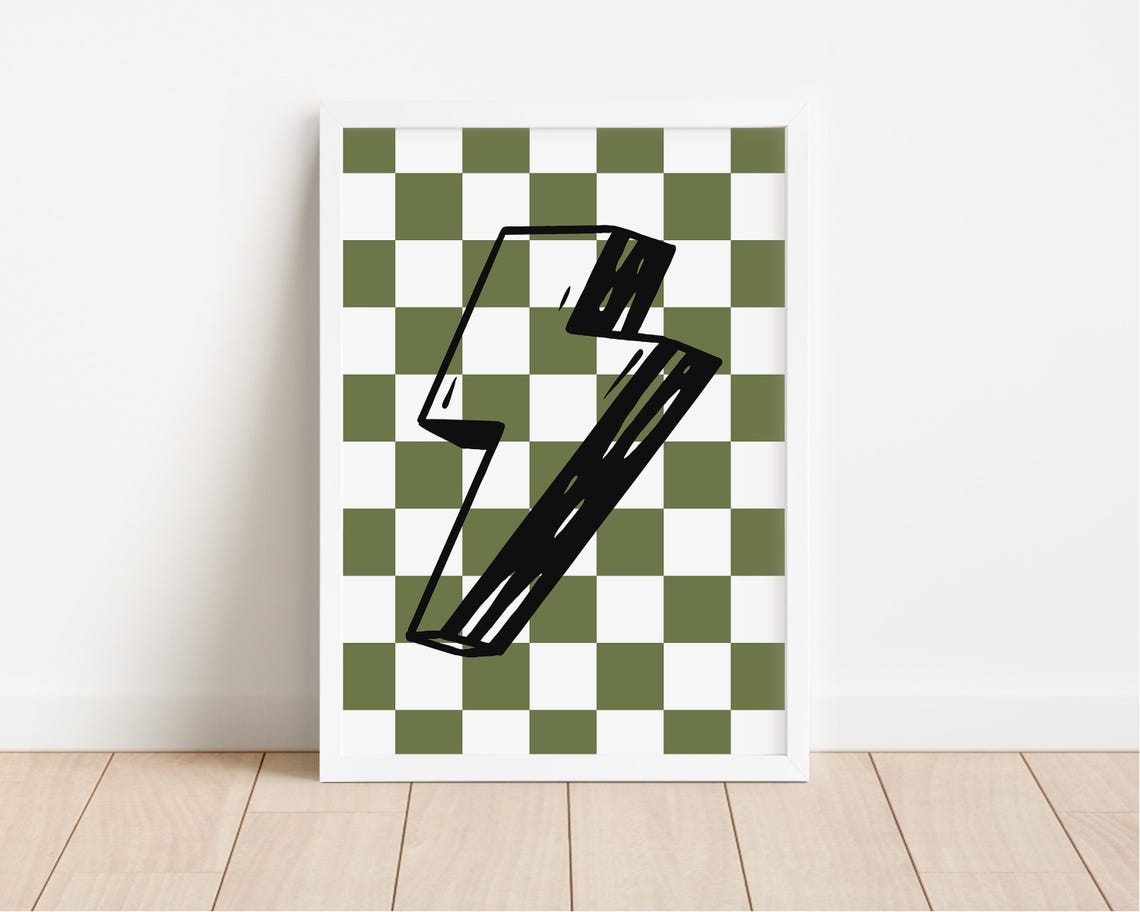 Retro Lightning Bolt Sage Green Checkerboard Kids Room Poster - Image 4