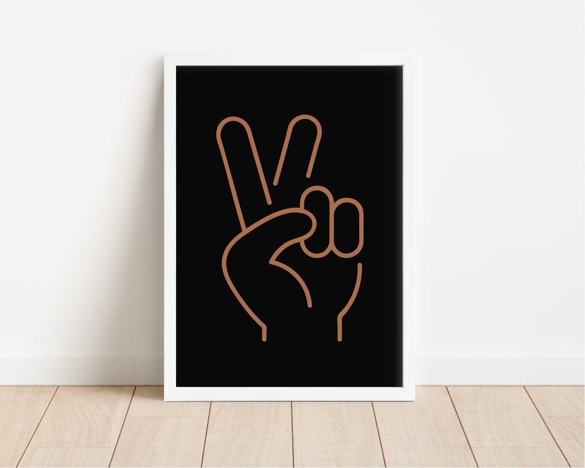 Peace Hand Sign Line Art Poster Black Background Boho Retro Kids Room - Image 3