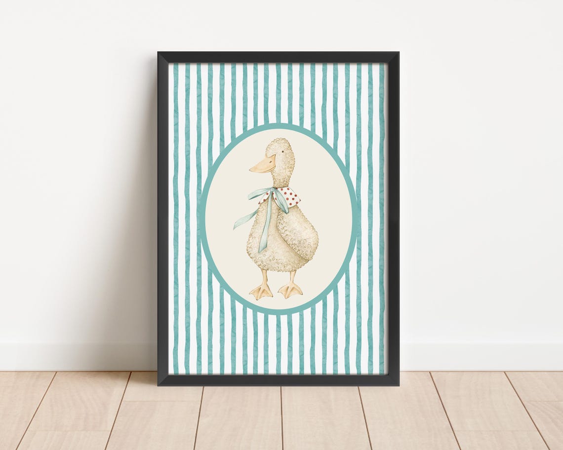 Duckling Watercolor Teal Stripes Cute Nursery Animal Art Poster - Image 2