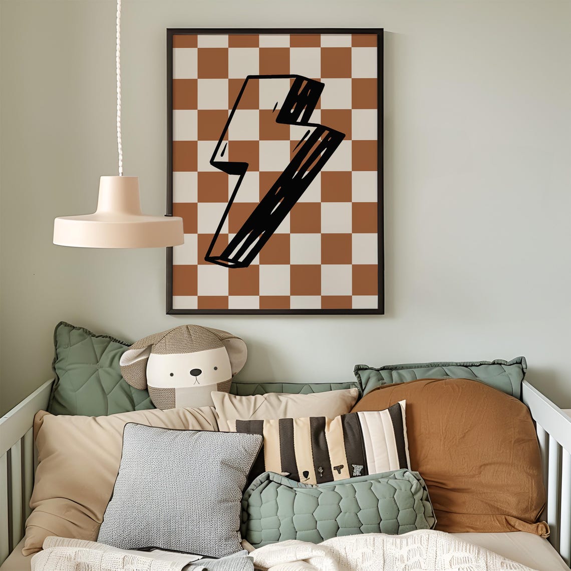 Lightning Bolt Brown Checkerboard Bold Kids Room Decor Poster