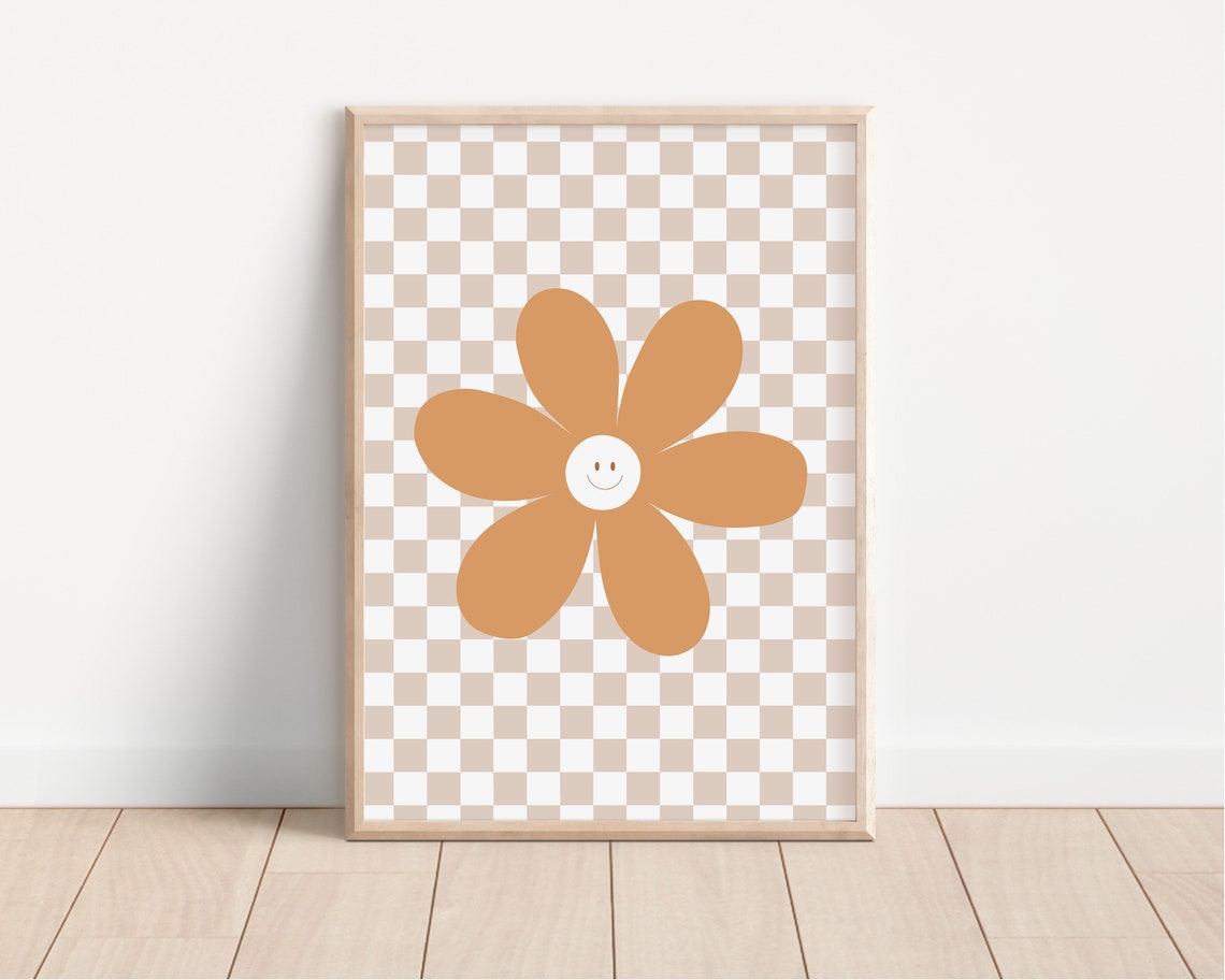 Smiling Daisy Mustard Yellow Checkerboard Nursery Decor Poster - Image 4