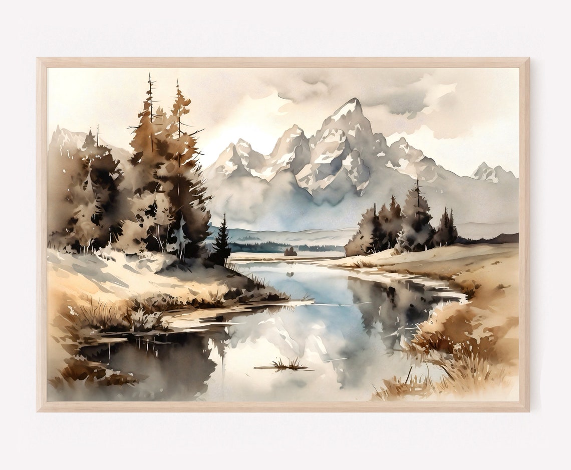 Minimalist Neutral Mountain Lake Pine Calm Watercolor Art Print