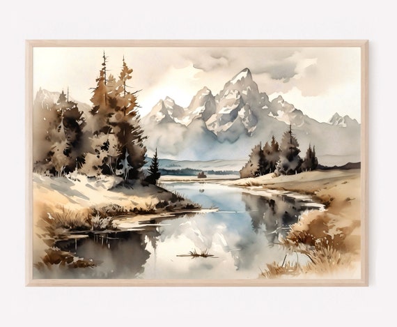 Large Minimalist Wall Art Lake Painting Neutral Mountain Landscape Watercolor Painting Fine Art Print Home Decor Gift Art