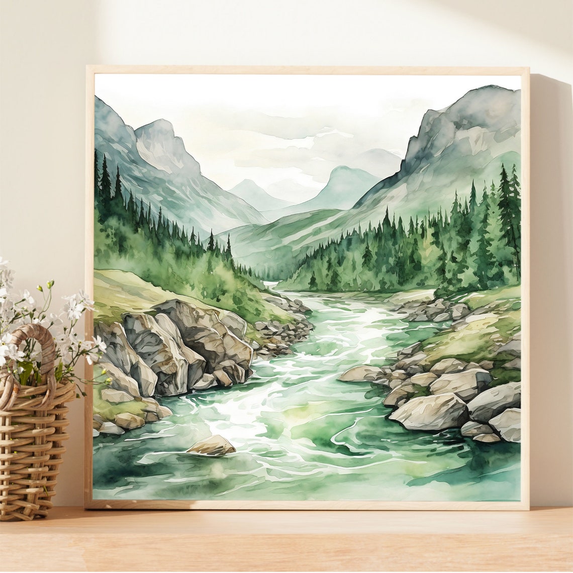 Green River Valley Misty Mountains Evergreen Watercolor Poster - Image 3
