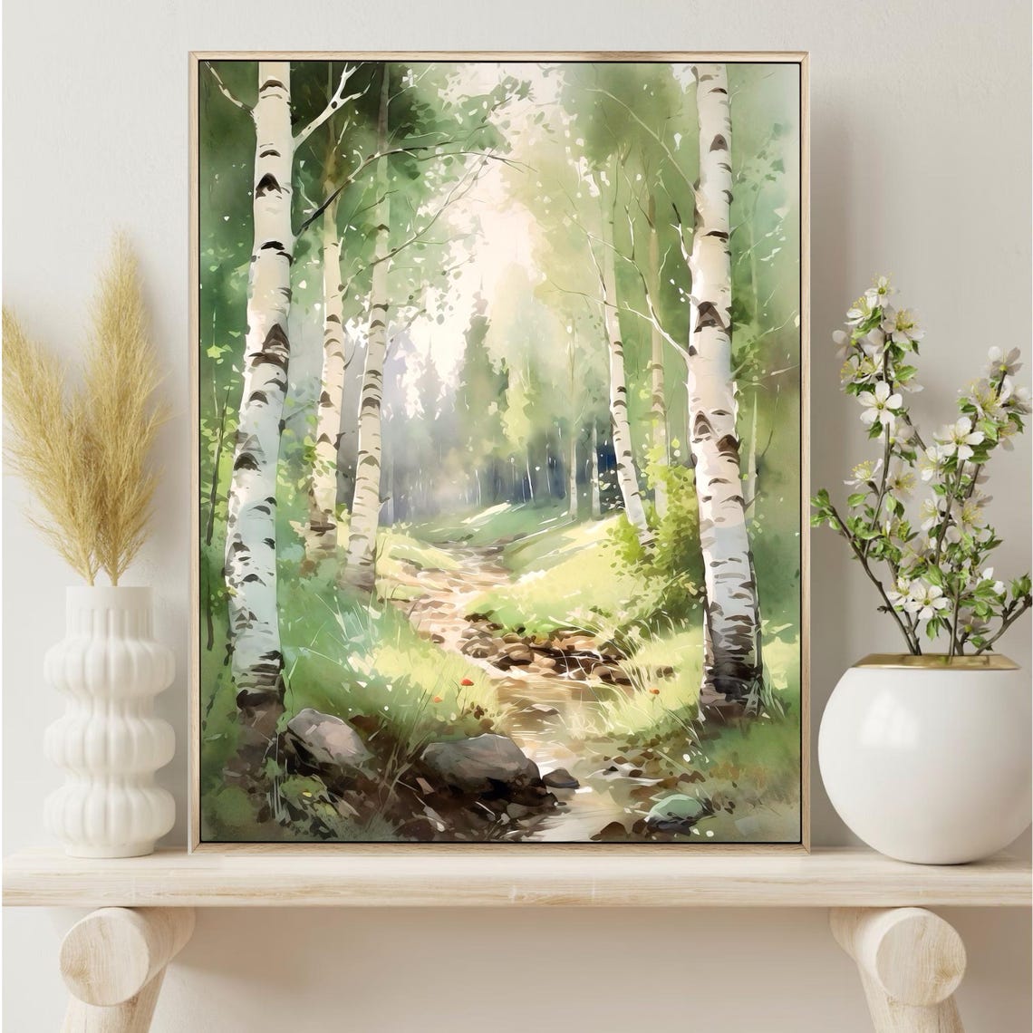 Birch Trees By Gentle Stream Misty Sunlight Watercolor Poster - Image 2