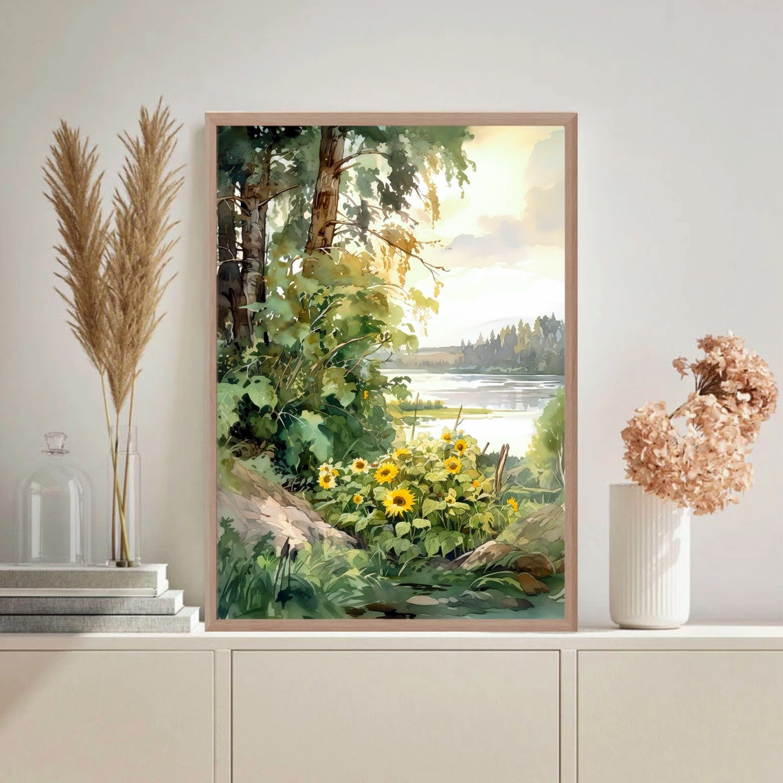 Sunflowers By River Sunset Glow Watercolor Nature Art Poster - Image 4
