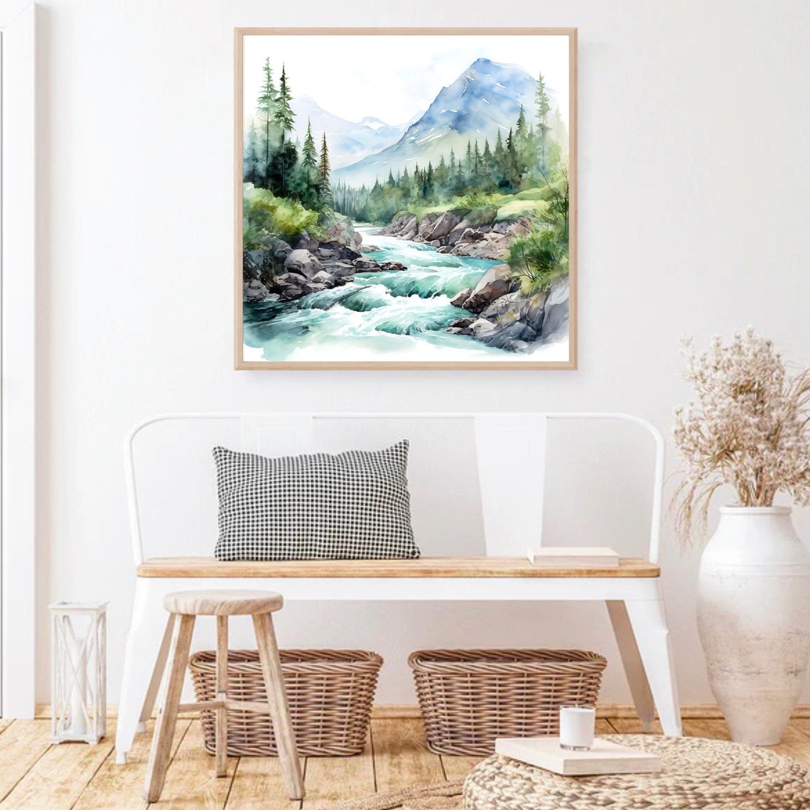 Turquoise Rapids Watercolor with Pine Forest and Blue Mountain Poster - Image 2