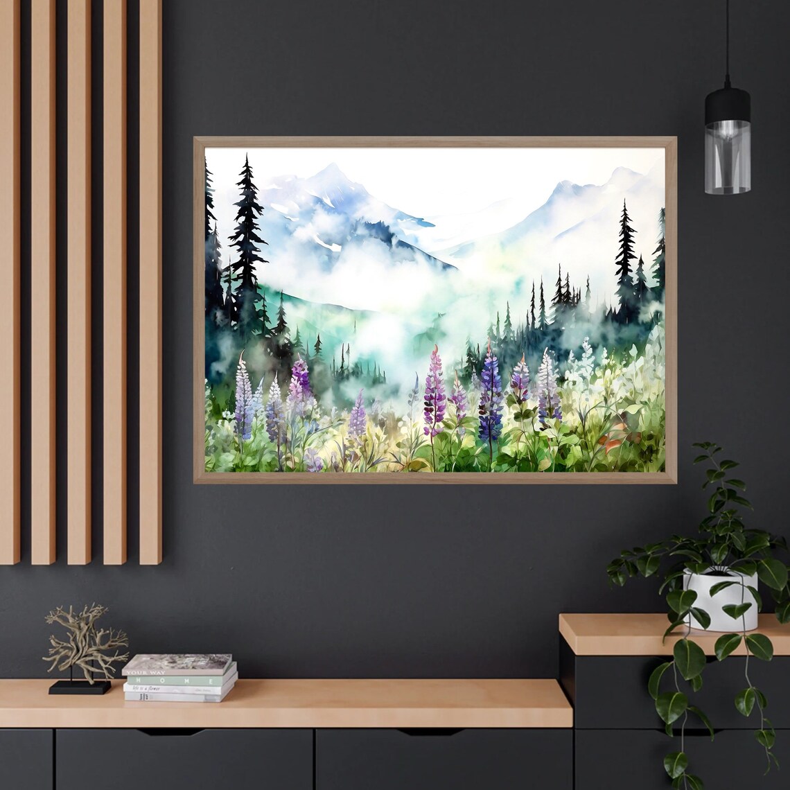 Misty Blue Mountain Peaks Purple Lupine Meadow Watercolor Poster - Image 4