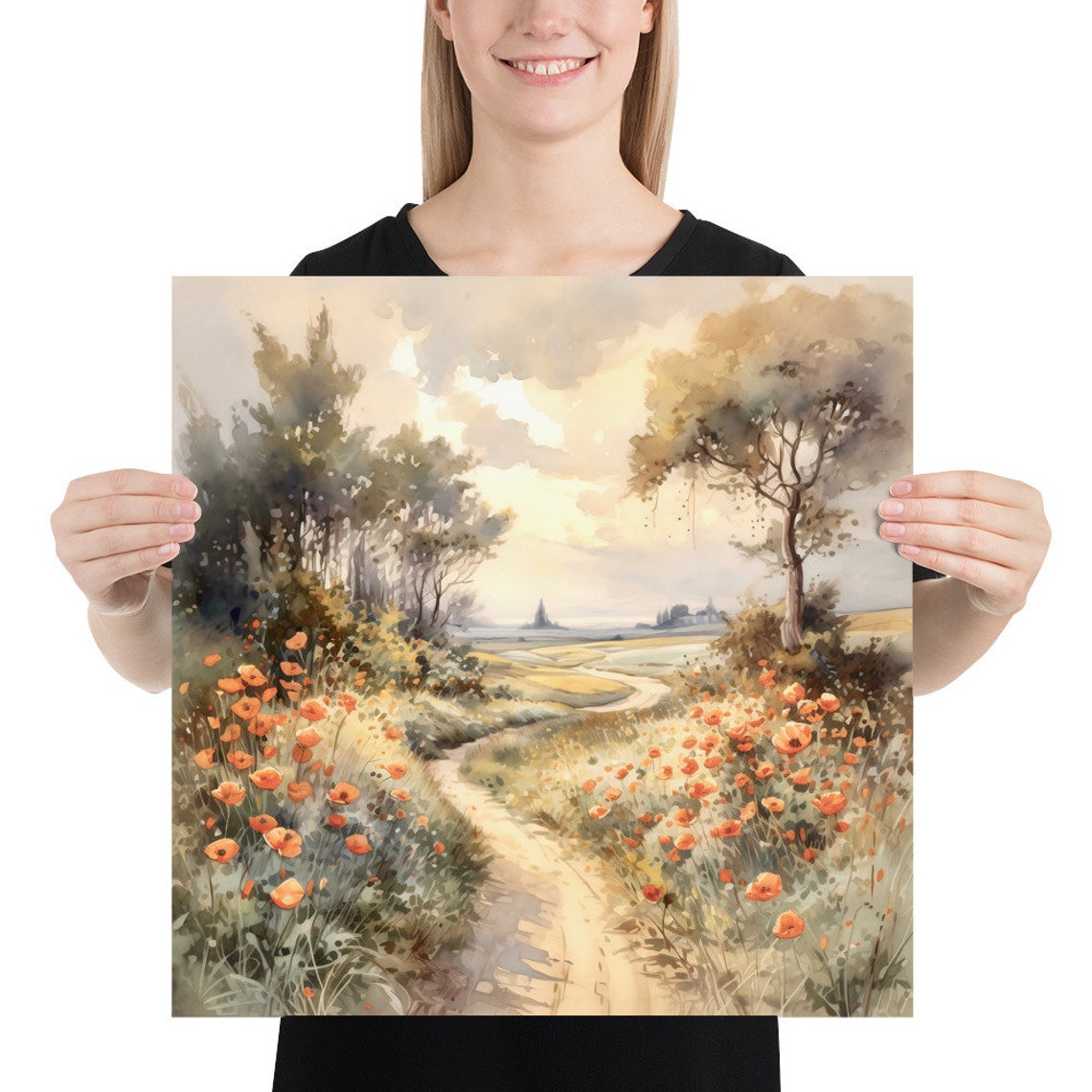 Poppy Dirt Road Countryside Sunset Watercolor Art Scene Poster - Image 5