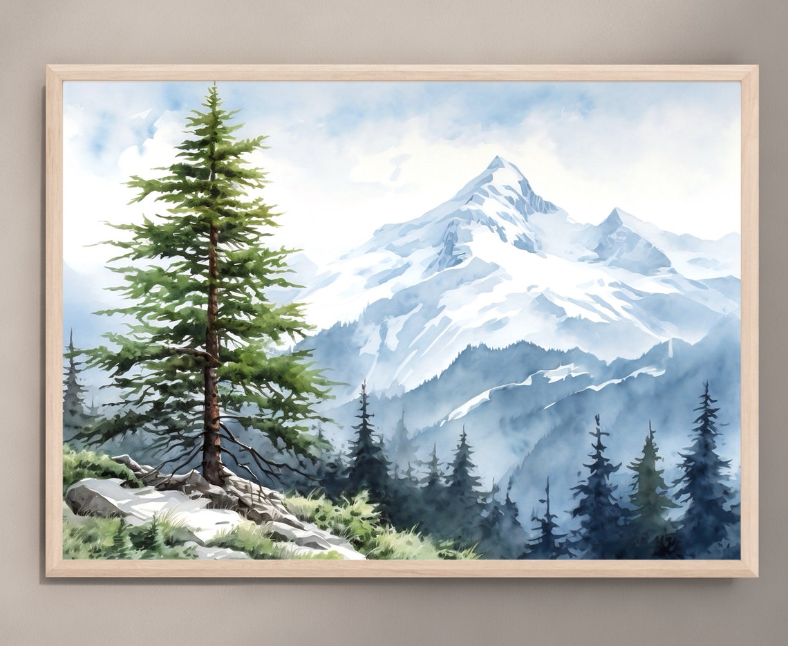Snowy Mountain Peak with Evergreen Pine Watercolor Landscape Poster - Image 2