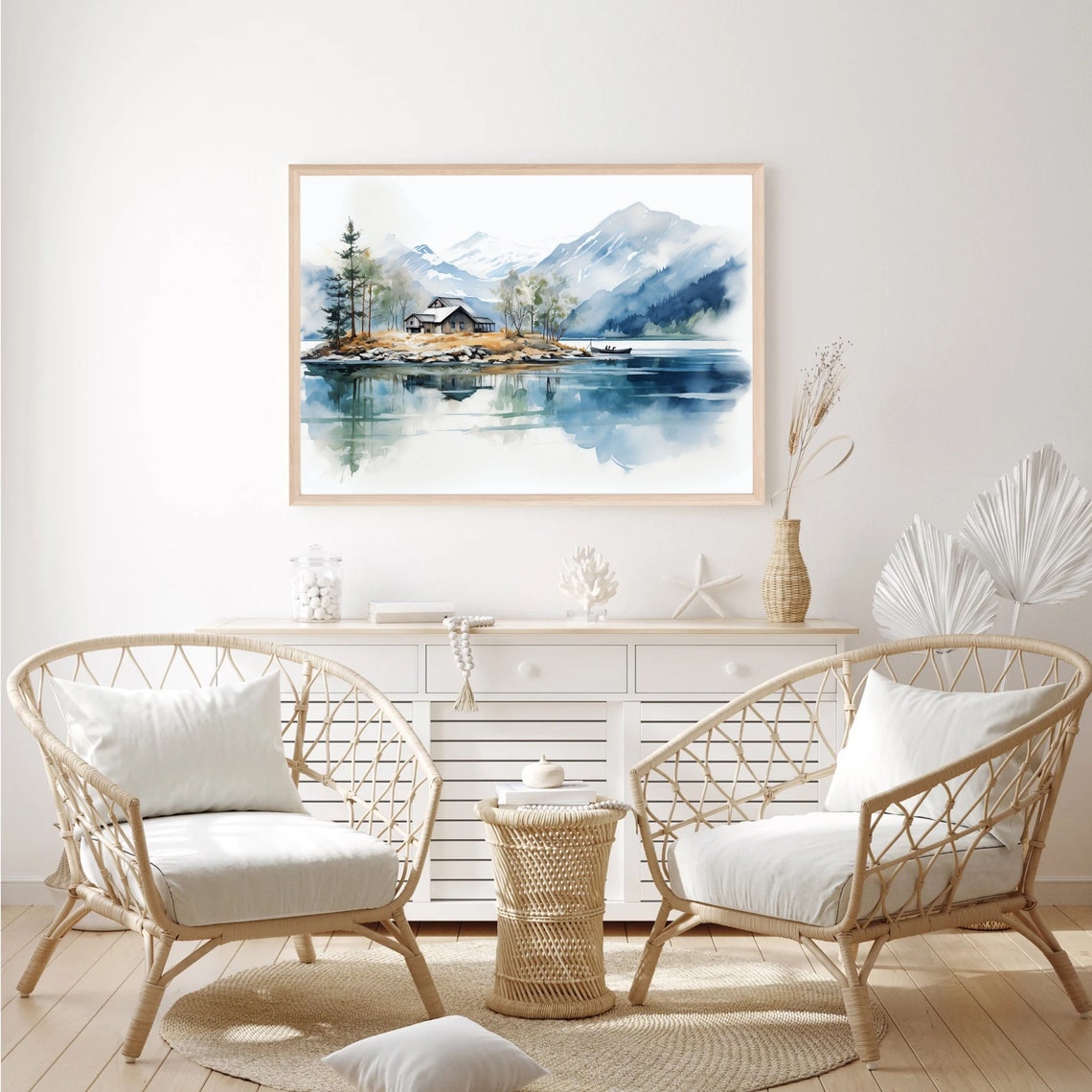 Mountain Lake Cabin Snowy Peaks Reflection Watercolor Poster - Image 4