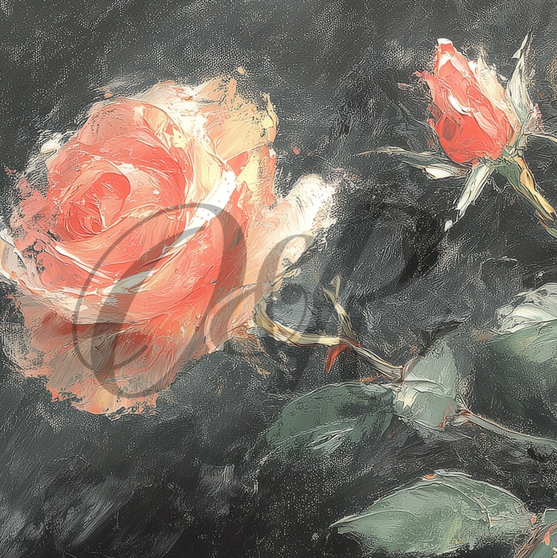 Impressionist Peach Roses Dark Gray Vintage Floral Painting Art Poster - Image 5