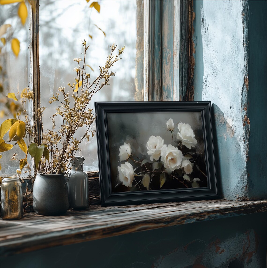 White Roses Dark Moody Background Vintage Botanical Oil Painting Print - Image 4