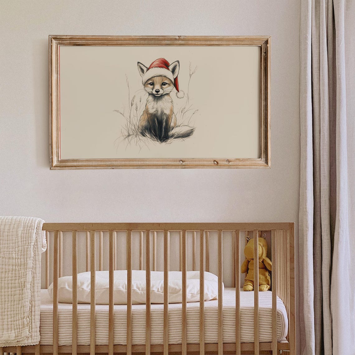 Vintage Fox With Santa Hat Sketch Frame Tv Art Neutral Christmas Nursery Holiday Decor Winter Frame Tv Cute Baby Fox Drawing - Image 2