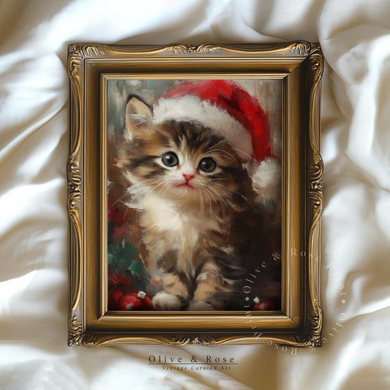 Cute Kitten In Santa Hat Painting Christmas Print Vintage Baby Cat Oil Painting Xmas Wall Decor Nursery Wall Art Prints