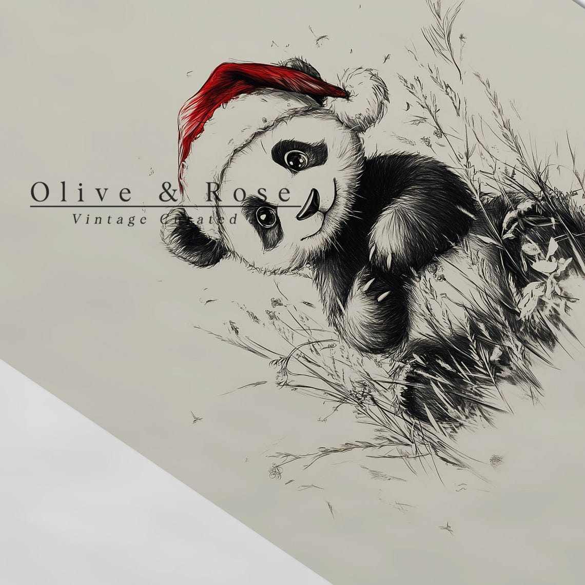 Cute Baby Panda With Santa Hat Sketch Neutral Christmas Nursery Wall Decor Vintage Winter Wall Art Panda Drawing Prints - Image 5
